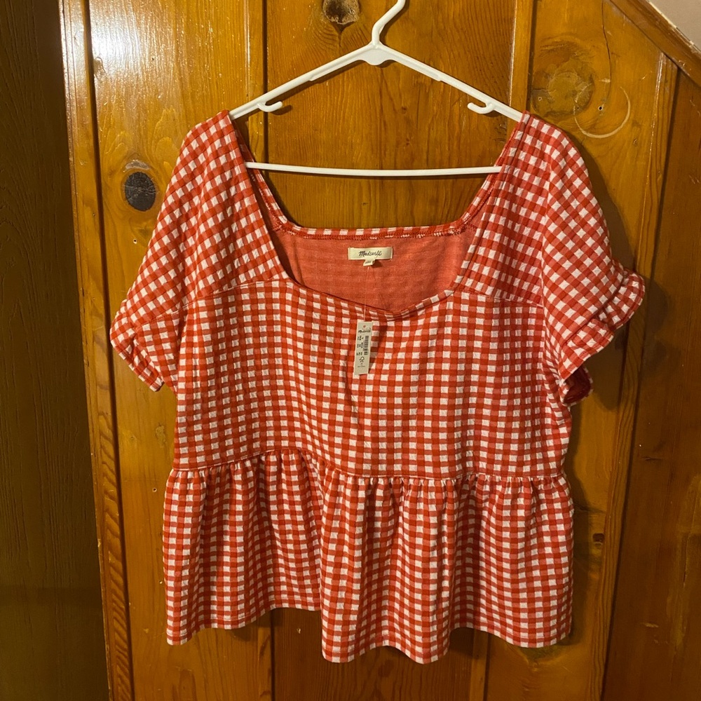 Gingham Knit Ruffle-Hem Top